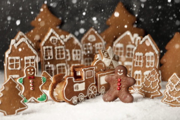 Decorated gingerbread houses christmas cookies with christmas wreath on dark table Gaumens-Lust gleich Darmes-Frust_Lebkuchen_1C